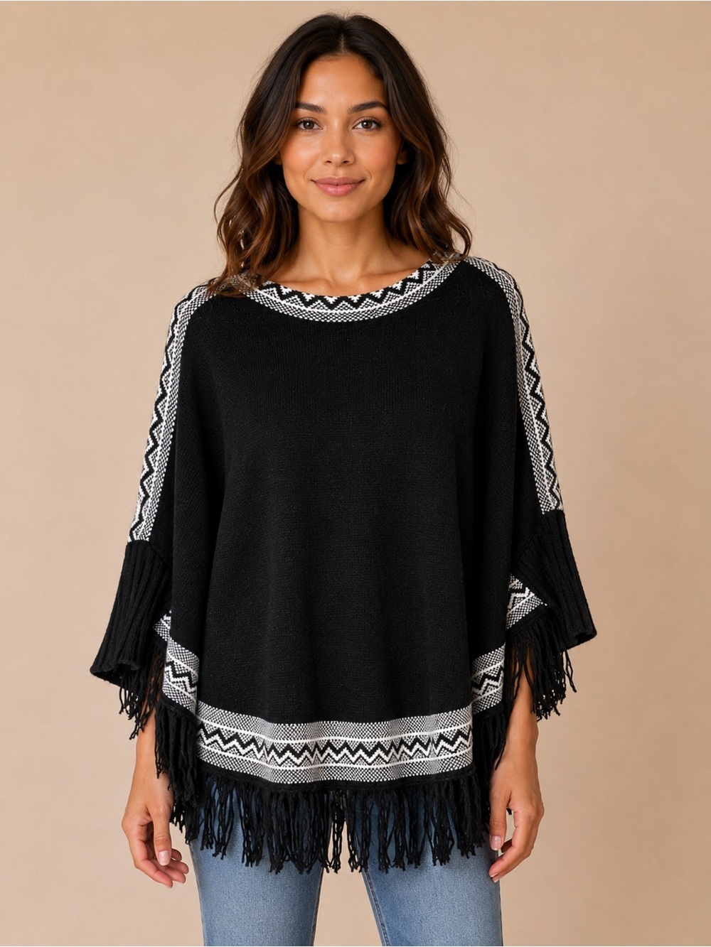 Suzy Shier Black Knit Fringe Poncho with White Geometric Trim